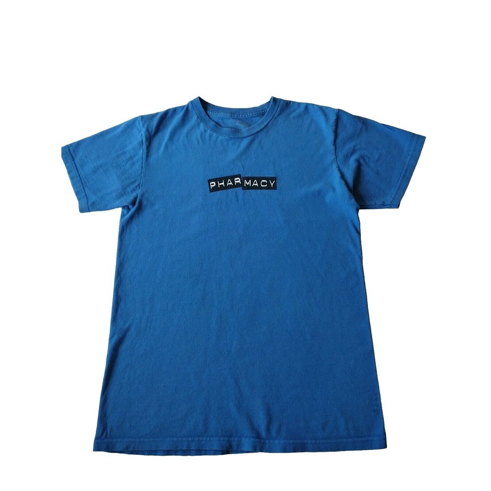 PHARMACY T-Shirt Men Small Blue Box Logo Skateboard Short Sleeves Crew Neck